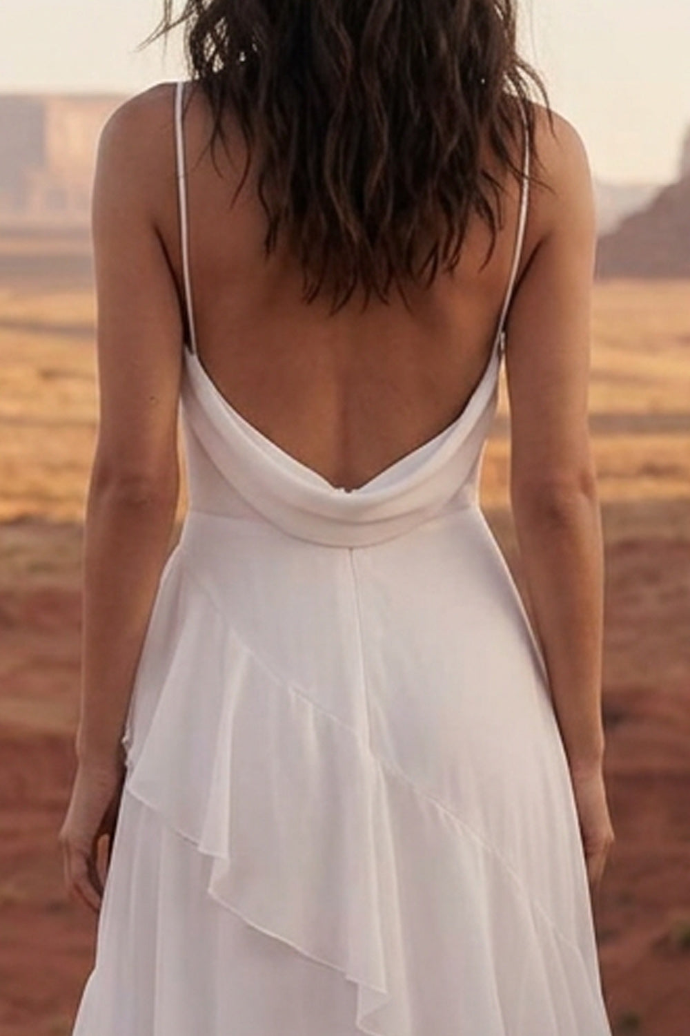 A Line Spaghetti Straps Maxi Ivory Beach Engagement Dresses with Ruffles Wedding Dresses
