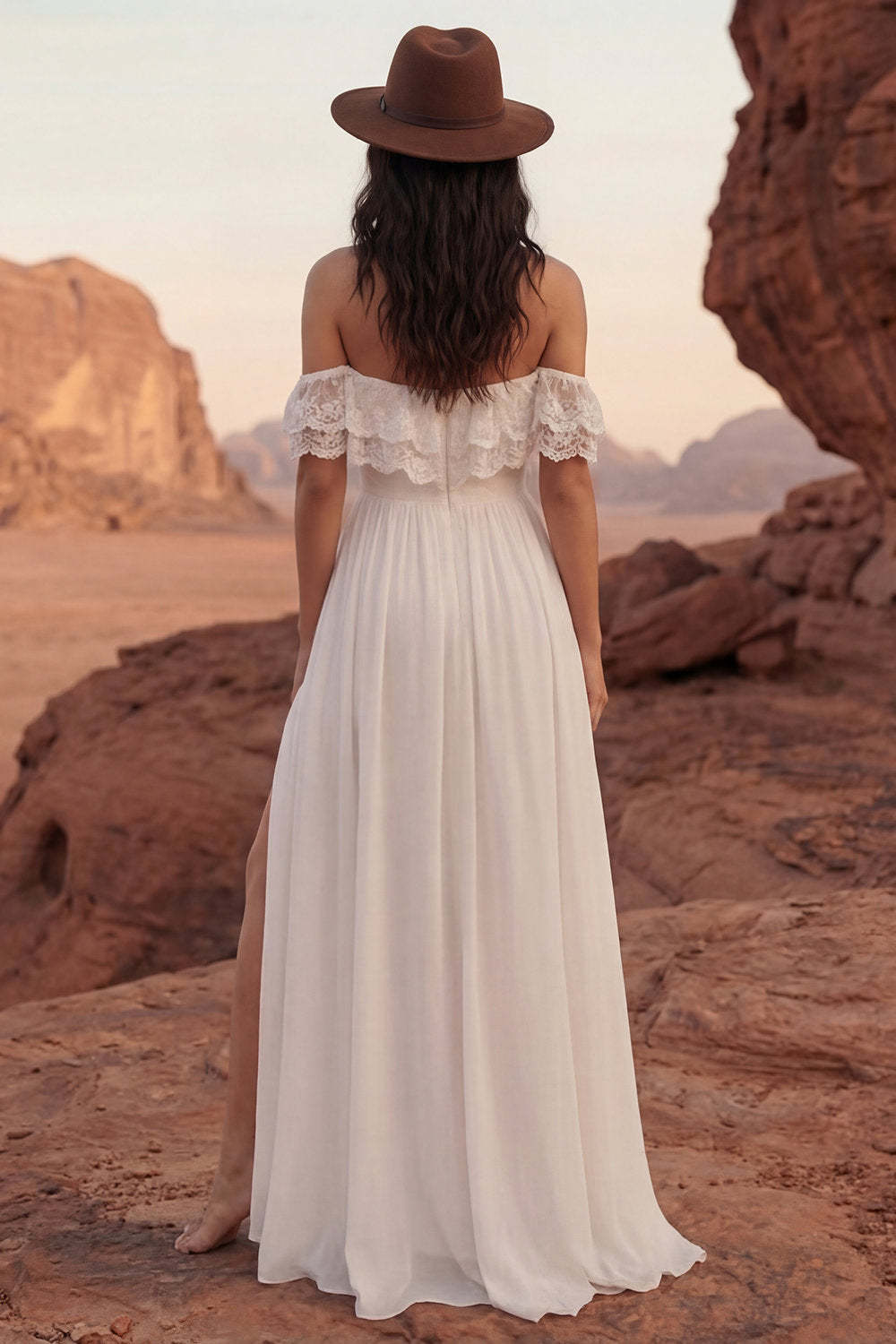 Simple Ivory A Line Maxi Beach Engagement Dresses with Slit Wedding Dresses