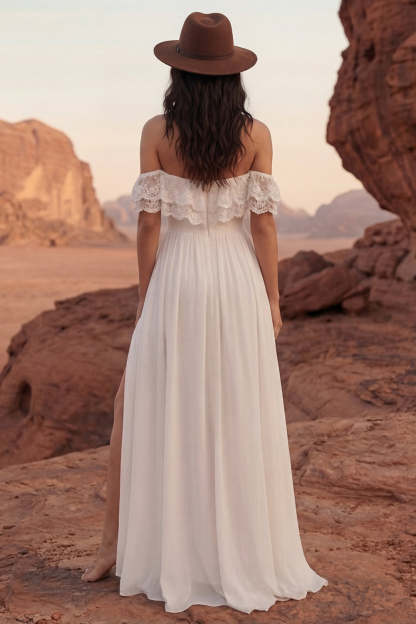 Simple Ivory A Line Maxi Beach Engagement Dresses with Slit Wedding Dresses