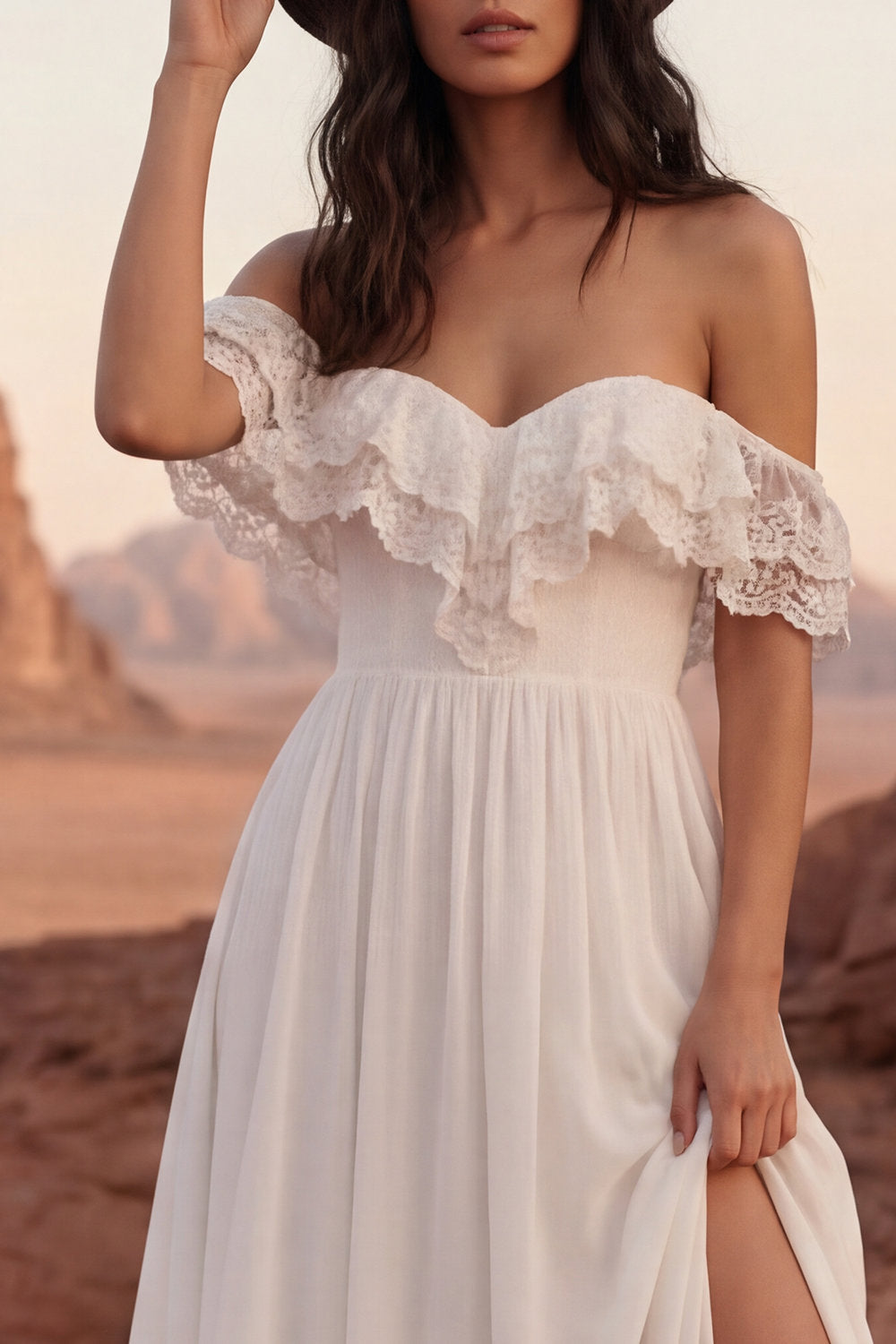 Simple Ivory A Line Maxi Beach Engagement Dresses with Slit Wedding Dresses