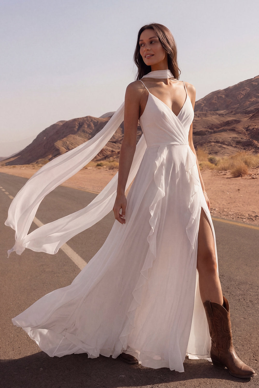 Ivory A Line Spaghetti Straps Maxi Beach Engagement Dresses with Ruffles Wedding Dresses