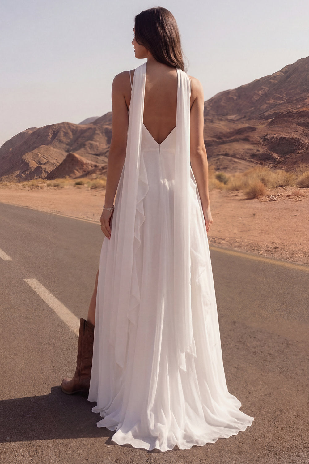 Ivory A Line Spaghetti Straps Maxi Beach Engagement Dresses with Ruffles Wedding Dresses