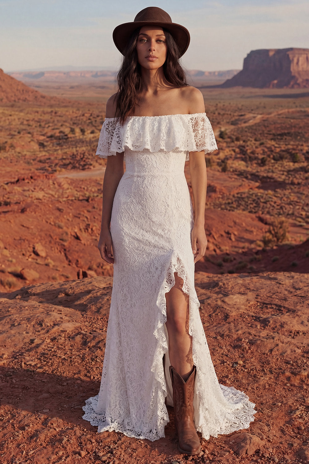 Ivory Floral Maxi Mermaid Boho Engagement Dresses with Ruffles, image 1