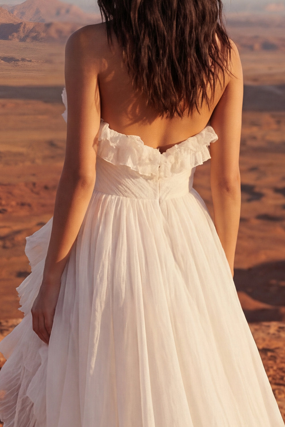 Maxi Strapless Ivory A Line Beach Engagement Dresses with Ruffles Wedding Dresses