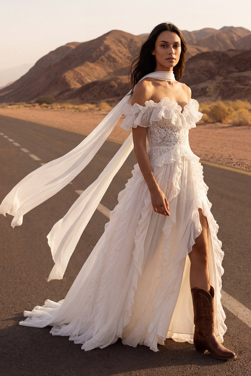 Floral Ivory A Line Maxi Beach Engagement Dresses with Ruffles Wedding Dresses