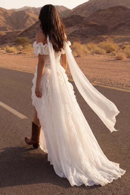 Floral Ivory A Line Maxi Beach Engagement Dresses with Ruffles Wedding Dresses