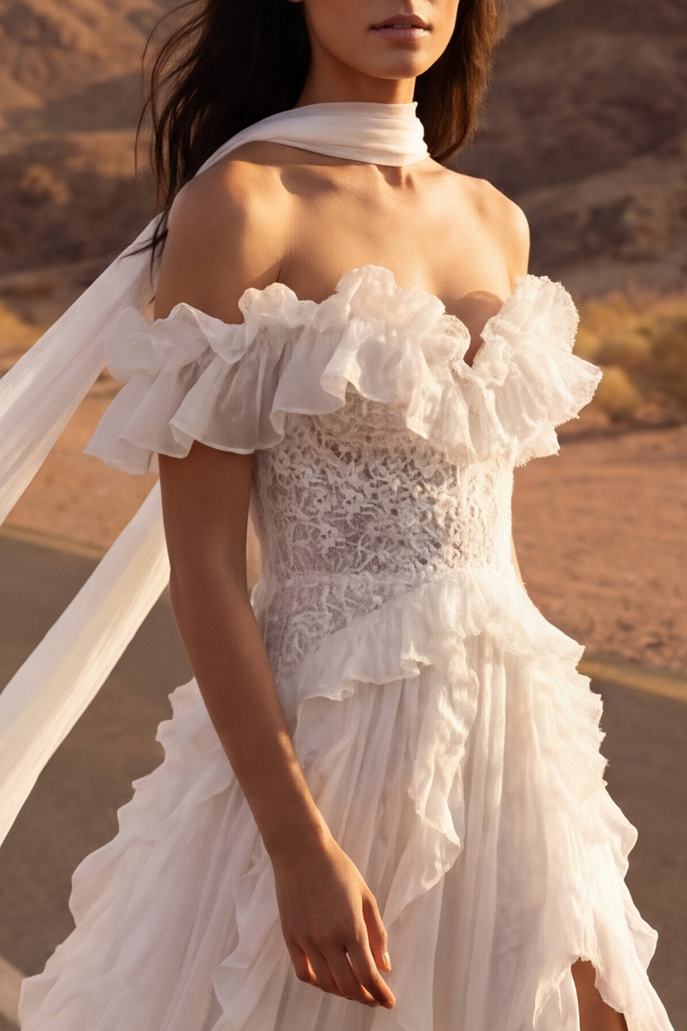 Floral Ivory A Line Maxi Beach Engagement Dresses with Ruffles Wedding Dresses