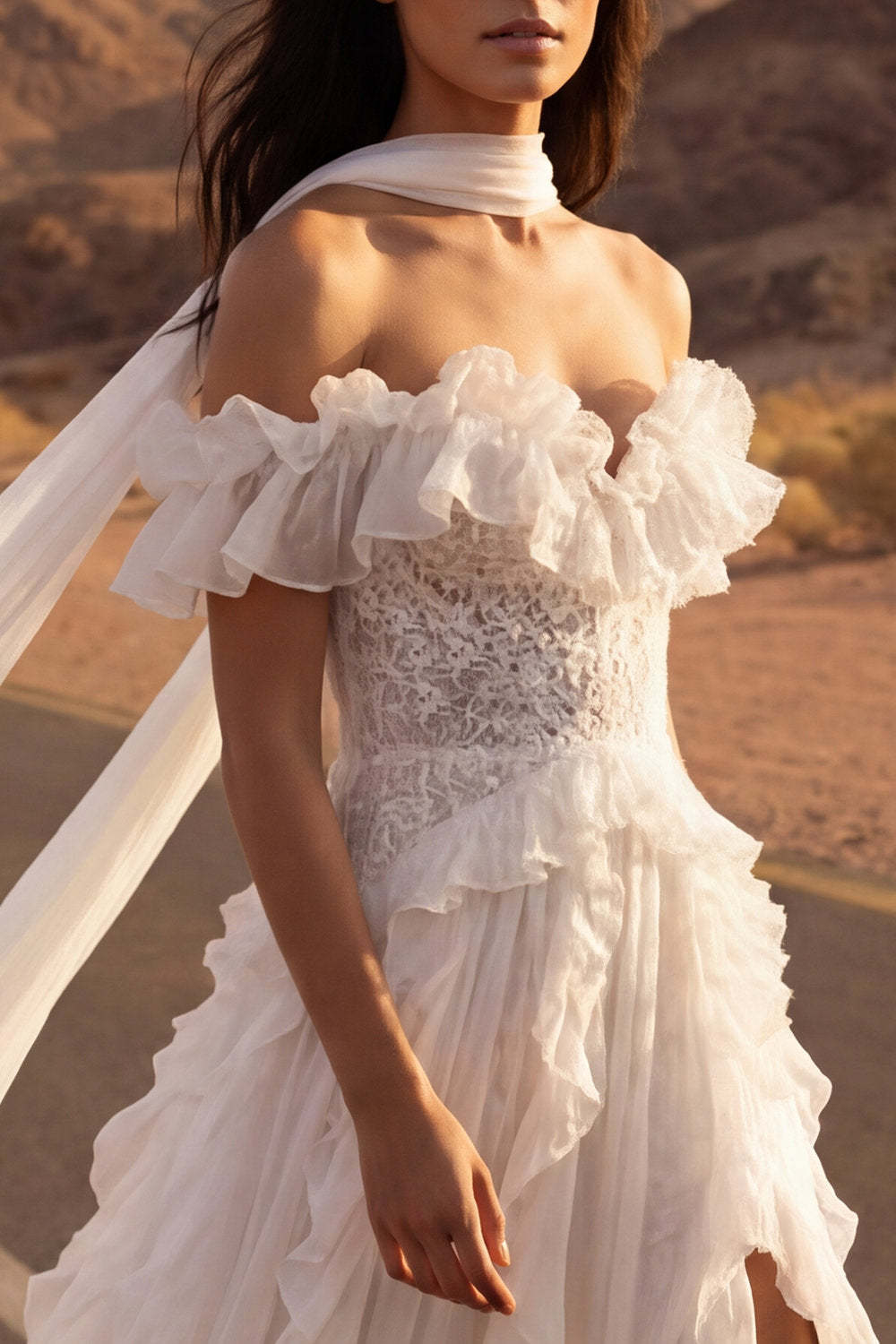 Floral Ivory A Line Maxi Beach Engagement Dresses with Ruffles Wedding Dresses