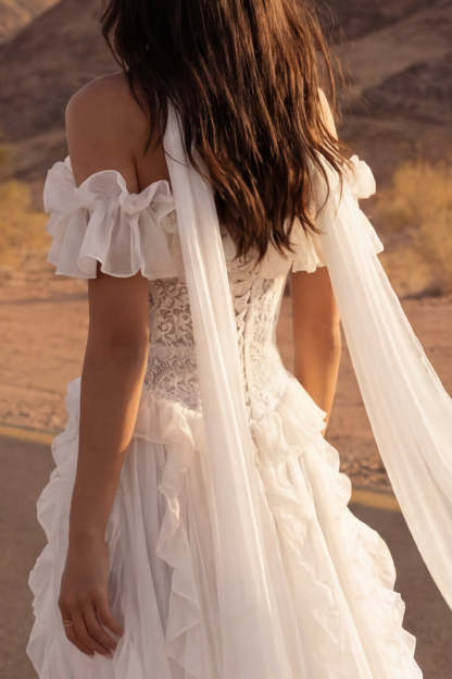 Floral Ivory A Line Maxi Beach Engagement Dresses with Ruffles Wedding Dresses
