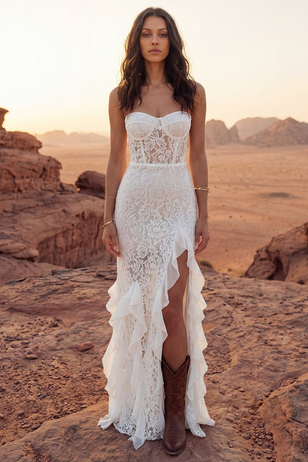 Ivory Floral Strapless Sheath Maxi Boho Engagement Dresses with Ruffles in Ivory, US2