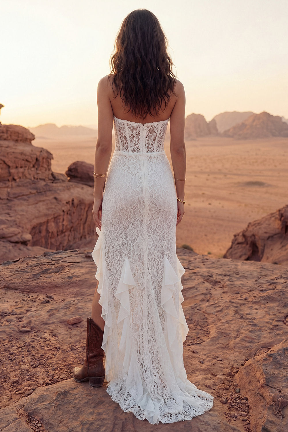 Ivory Floral Strapless Sheath Maxi Boho Engagement Dresses with Ruffles, image 2