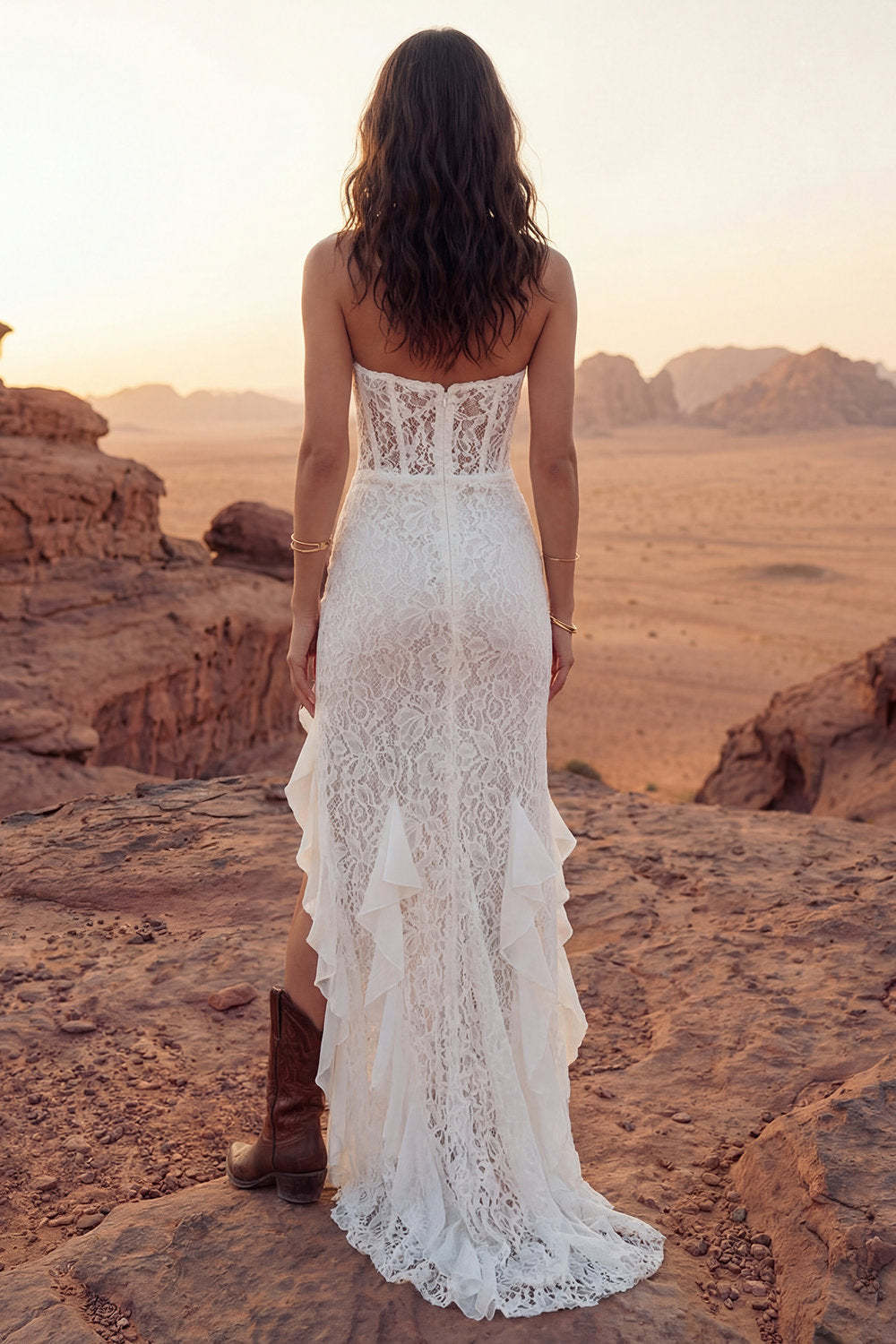 Ivory Floral Strapless Sheath Maxi Boho Engagement Dresses with Ruffles, image 2