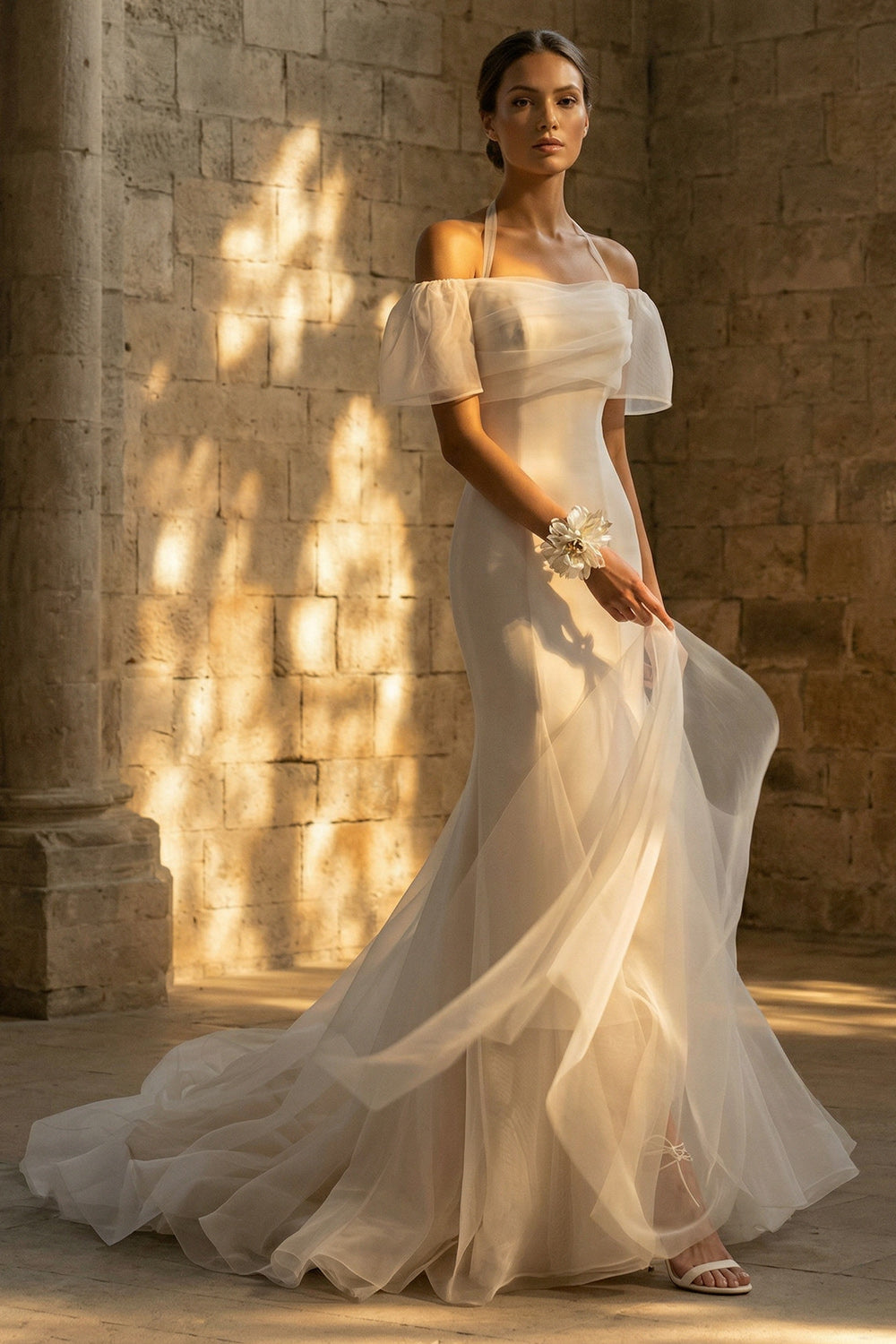 White Boho Mermaid Sweep Train Wedding Reception Dresses, image 1