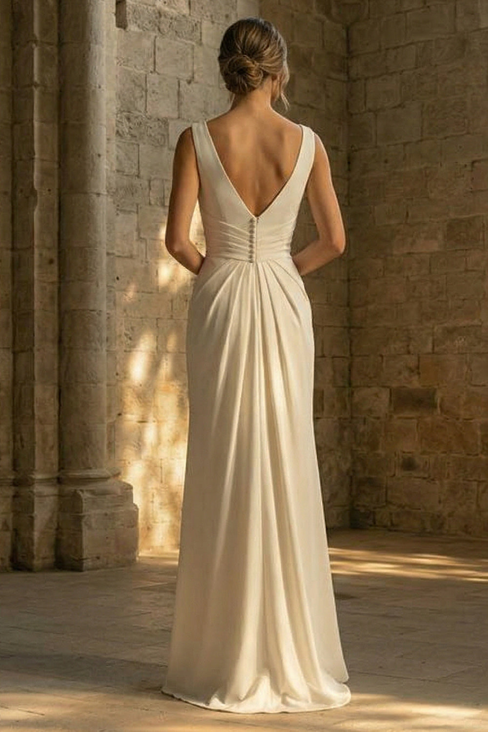 White Ruched Sheath Beach Maxi Wedding Reception Dresses with Slit Wedding Dresses