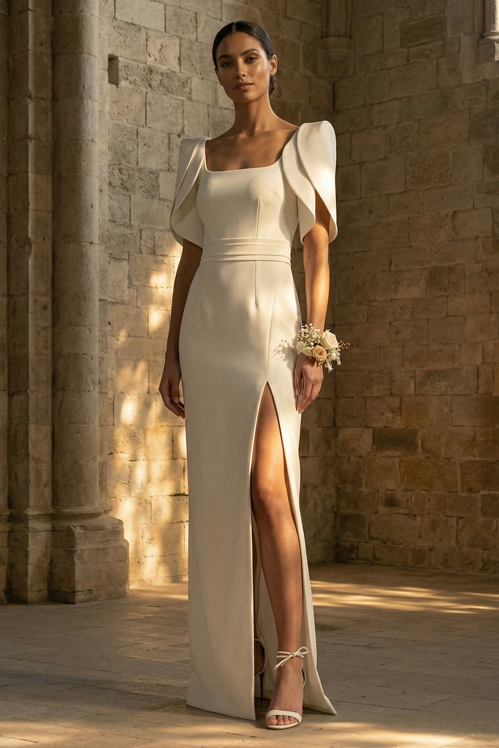 White Square Neck Sheath Boho Maxi Wedding Reception Dresses with Slit, image 1