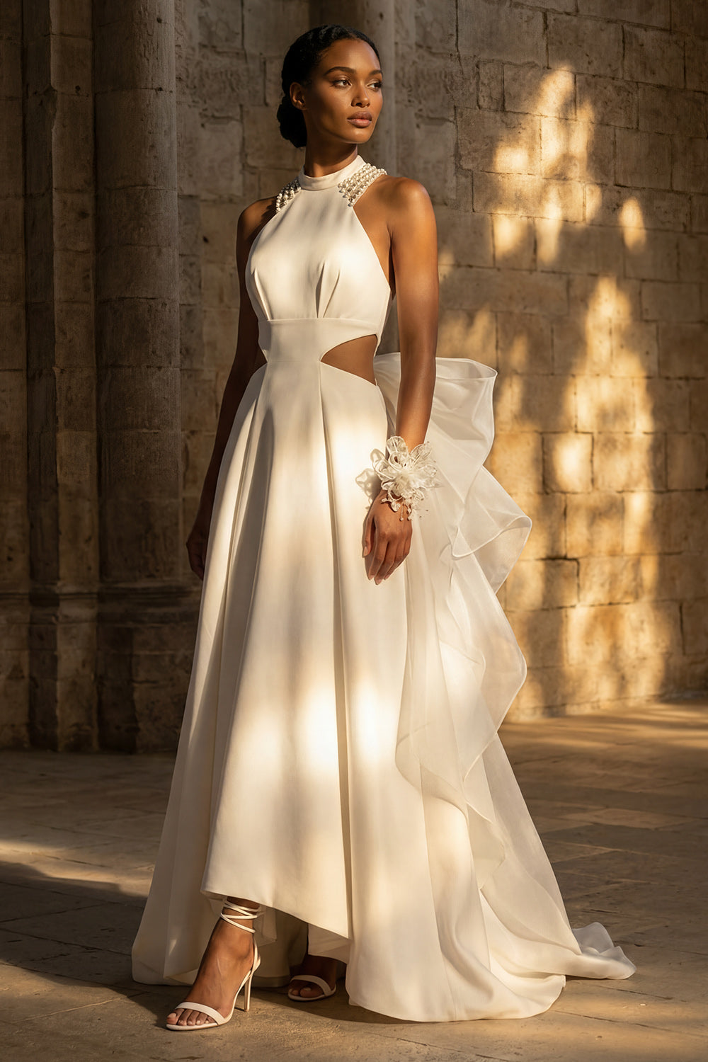 White High Neck A Line Maxi Boho Wedding Reception Dresses, image 1