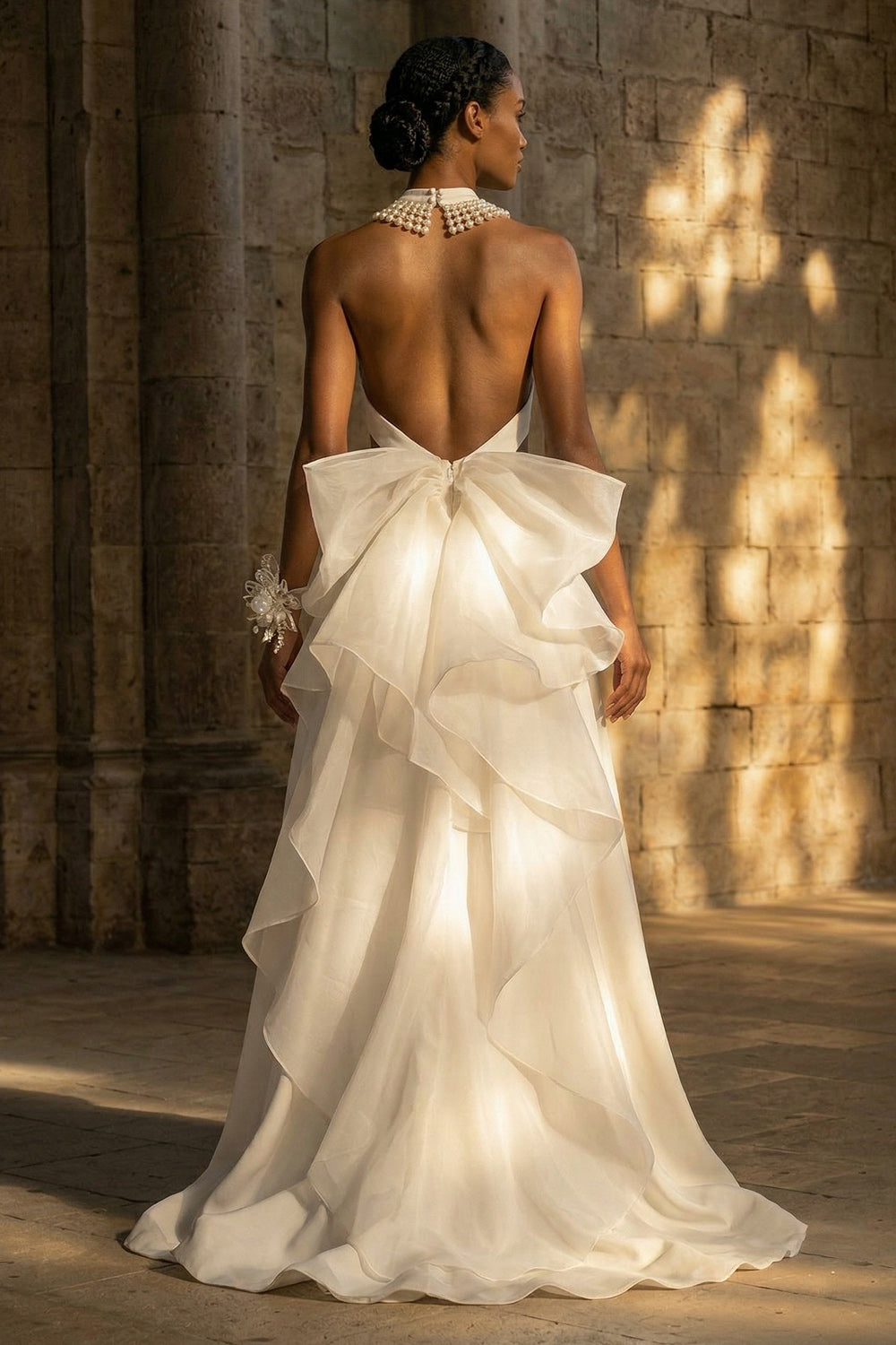 White High Neck A Line Maxi Boho Wedding Reception Dresses, image 2