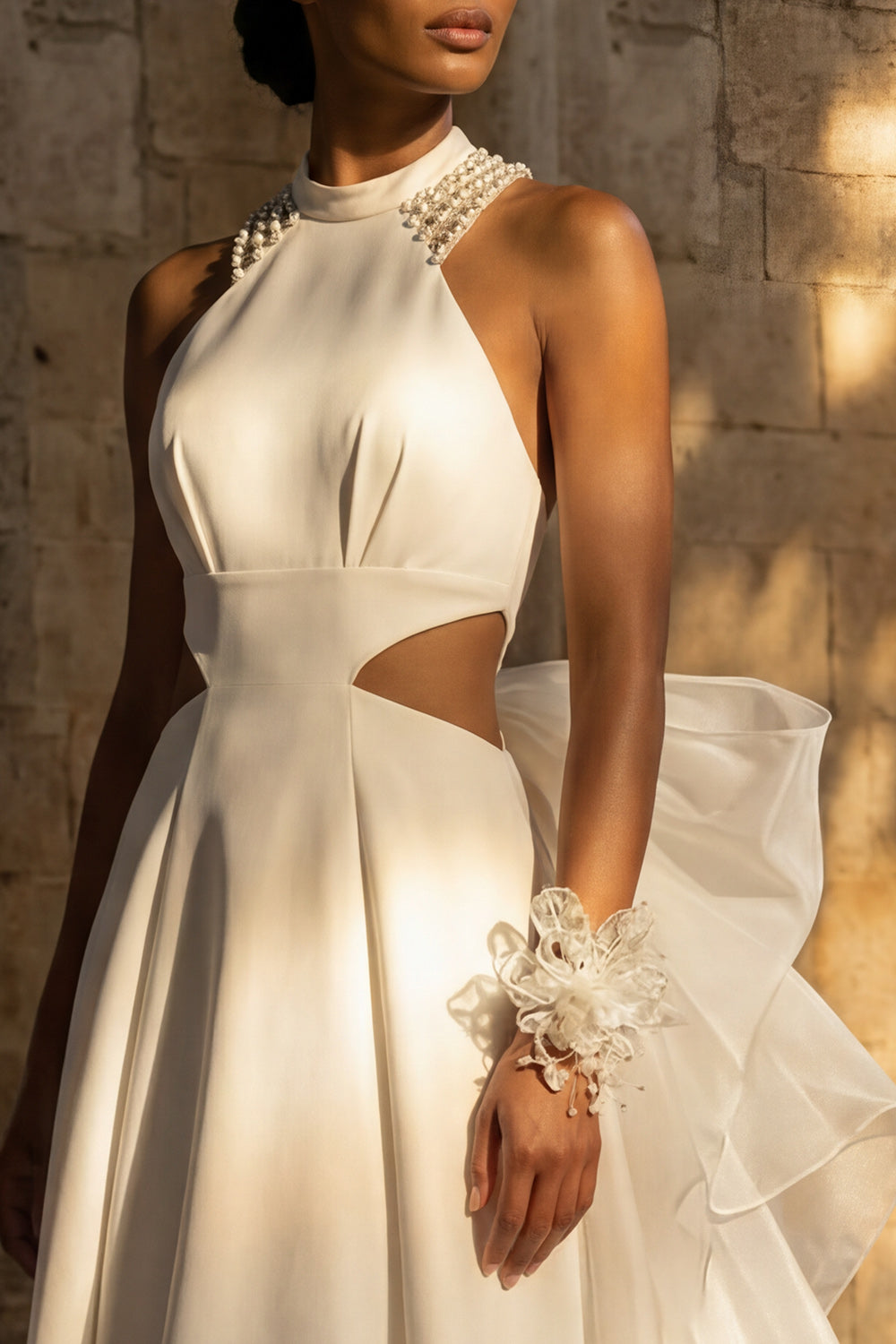 White High Neck A Line Maxi Boho Wedding Reception Dresses, image 4