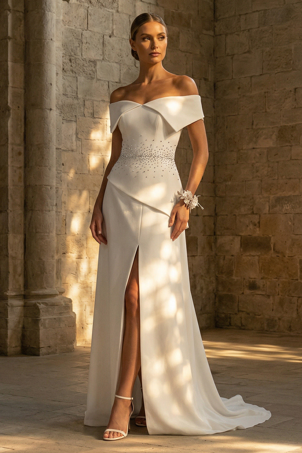 White Beaded Sheath Maxi Boho Wedding Reception Dresses with Slit, image 1