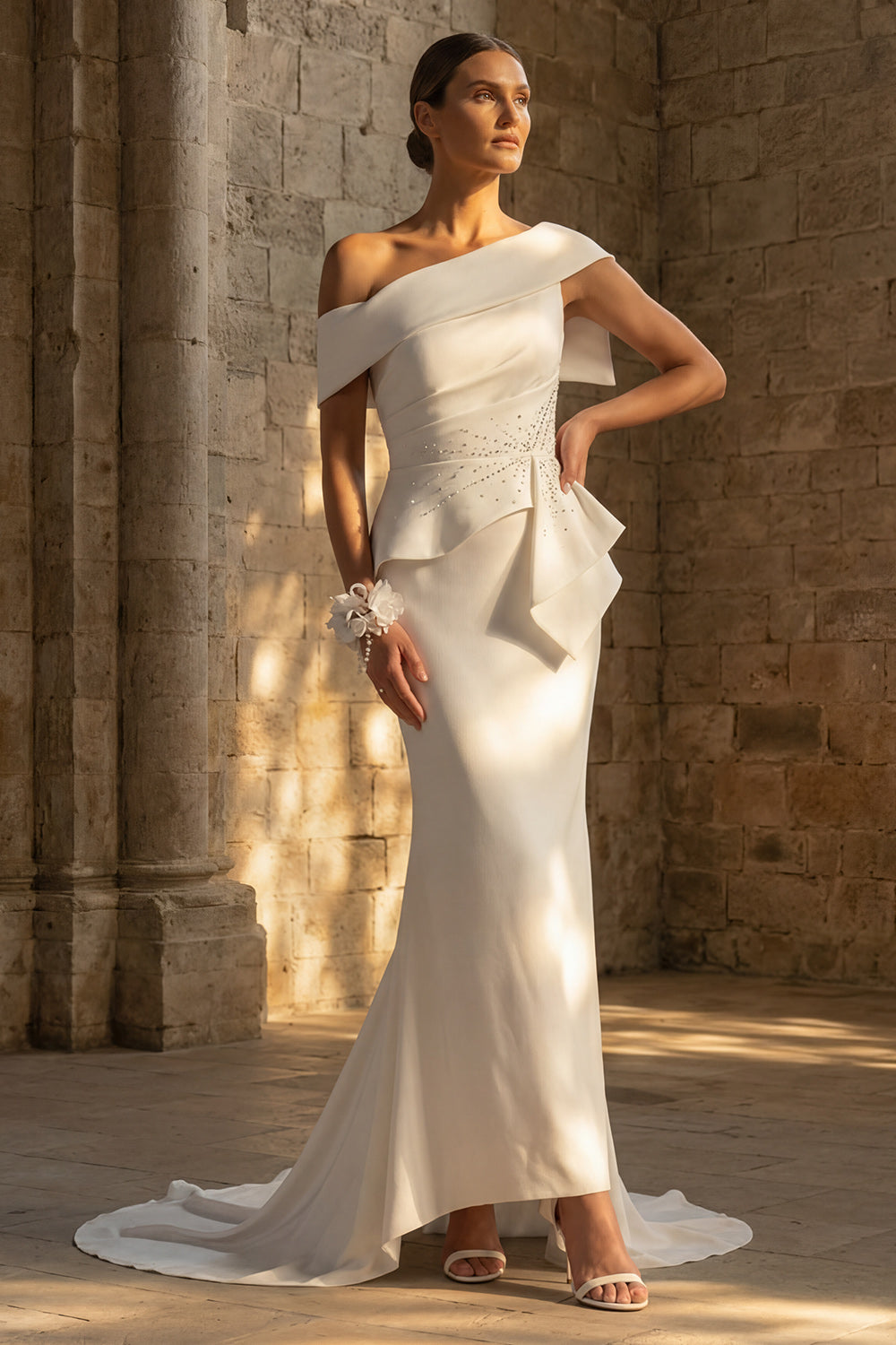 White Ruched Mermaid One Shoulder Sweep Train Boho Wedding Reception Dresses with Ruffles, image 1