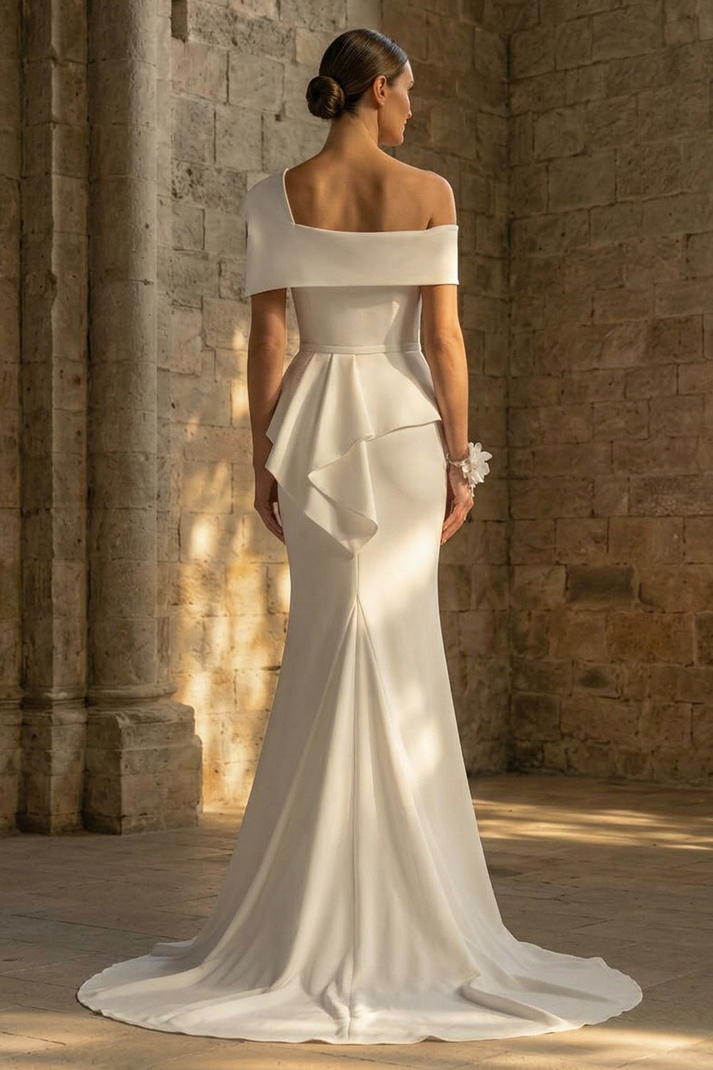 White Ruched Mermaid One Shoulder Sweep Train Boho Wedding Reception Dresses with Ruffles, image 2