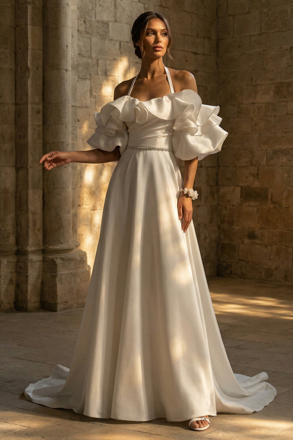 White Halter Backless Sweep Train Ruffled Boho Wedding Reception Dresses, image 1
