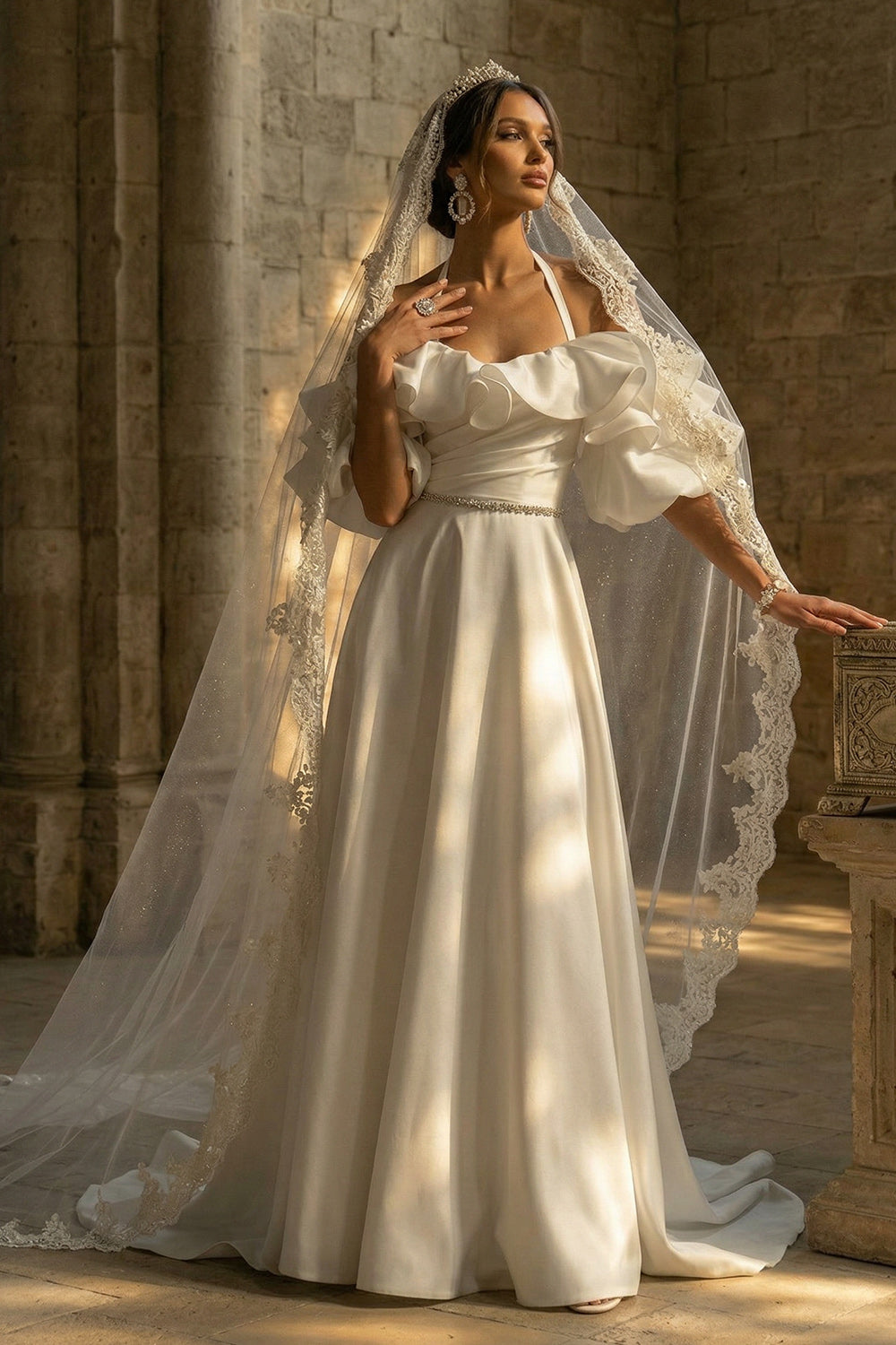 White Halter Backless Sweep Train Ruffled Boho Wedding Reception Dresses, image 3
