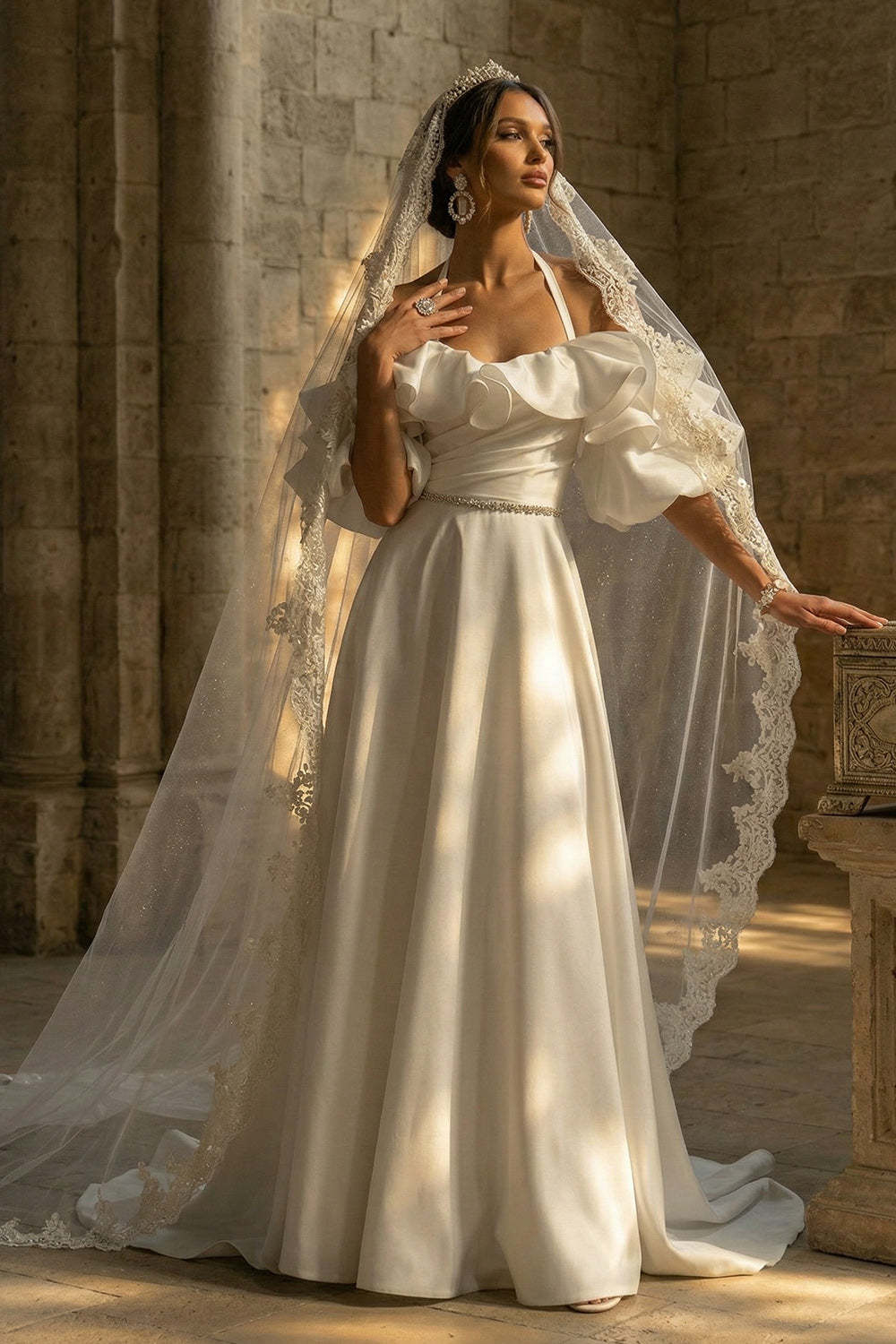 White Halter Backless Sweep Train Ruffled Boho Wedding Reception Dresses, image 3