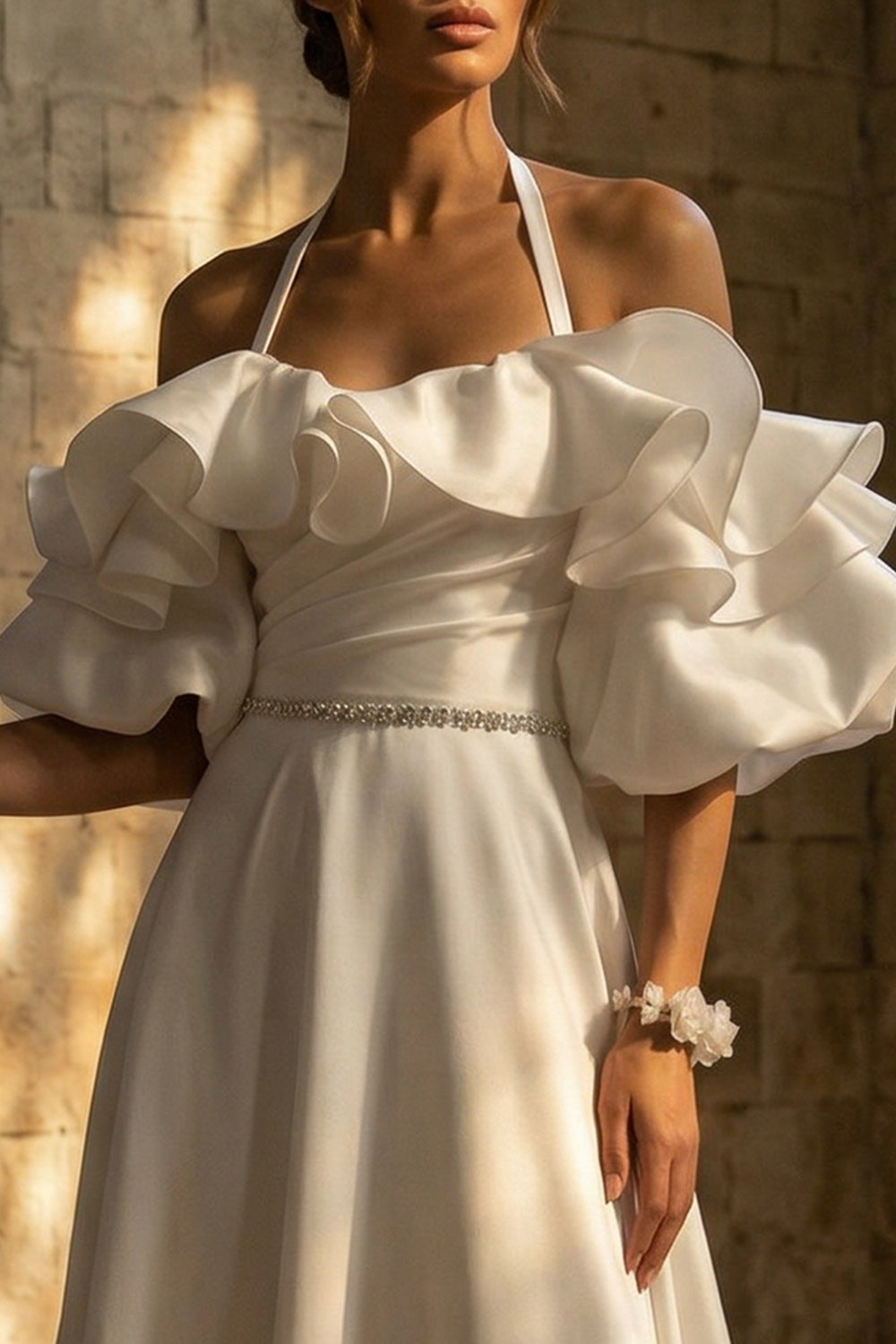 White Halter Backless Sweep Train Ruffled Boho Wedding Reception Dresses, image 4
