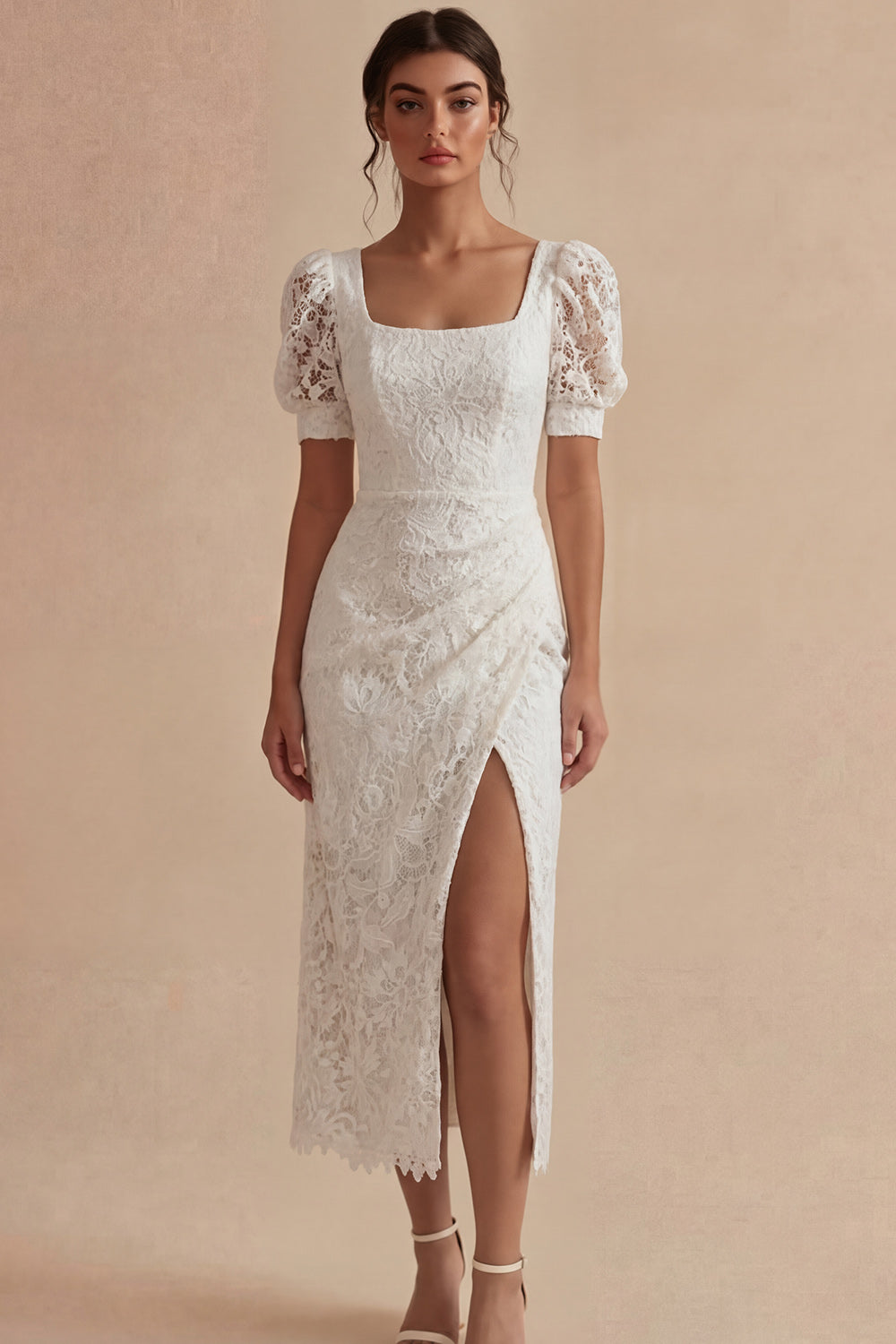 Lace Square Neck Sheath Ruched Maxi White Boho Bridal Shower Dresses with Slit, image 1
