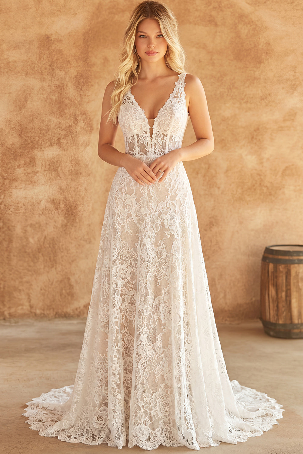 Corset Ivory V-Neck Lace Floral A Line Sweep Train Boho Engagement Dresses, image 1