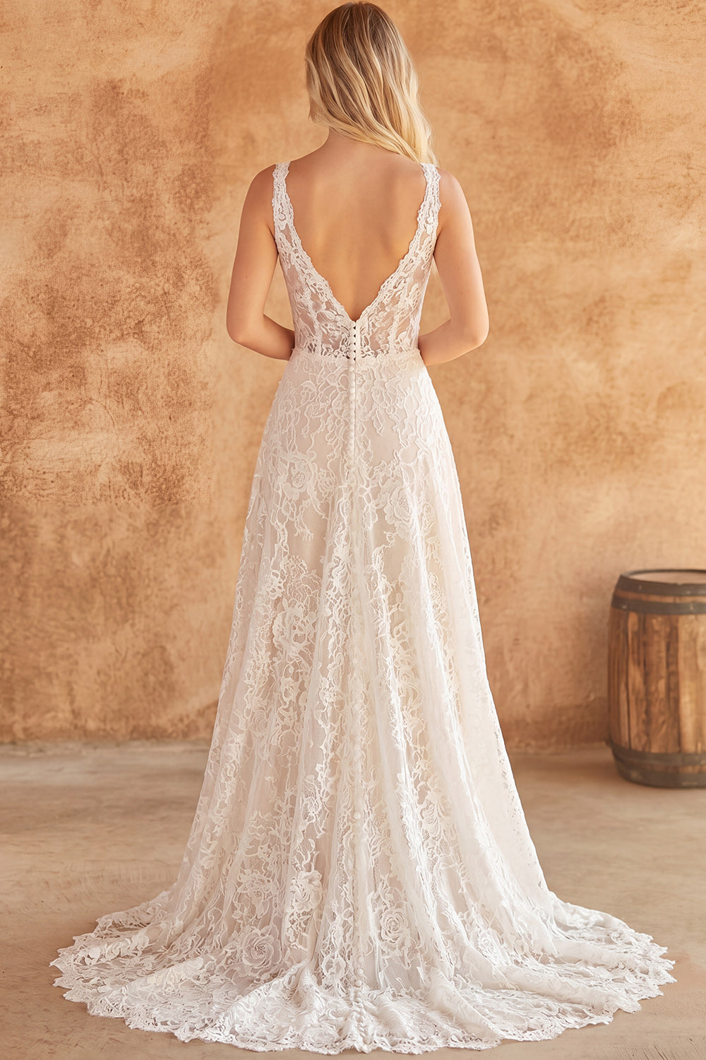 Corset Ivory V-Neck Lace Floral A Line Sweep Train Boho Engagement Dresses, image 2