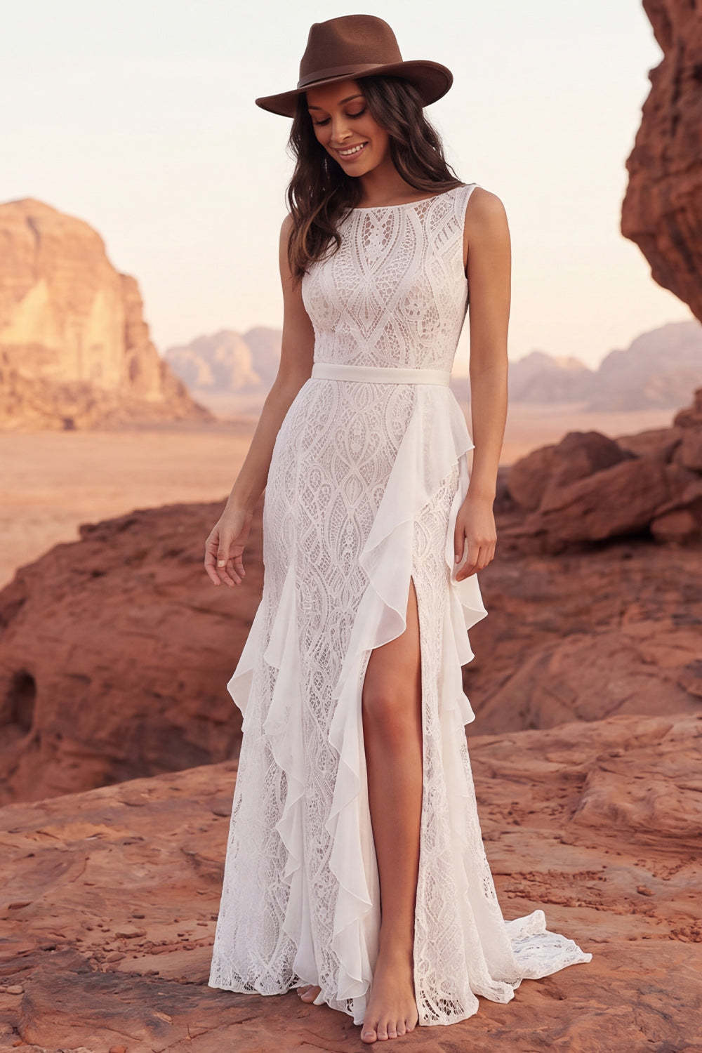 Ivory Lace Mermaid Ruffled Sweep Train Boho Engagement Dresses with Slit in Ivory, US2