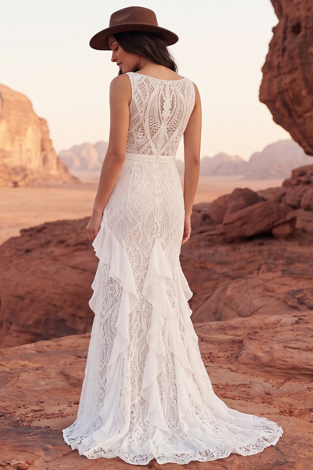 Ivory Lace Mermaid Ruffled Sweep Train Boho Engagement Dresses with Slit, image 2