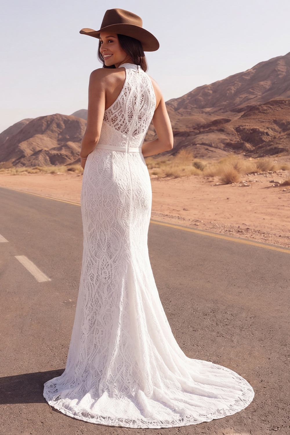 Mermaid High Neck Ivory Lace Sweep Train Boho Engagement Dresses with Slit, image 2