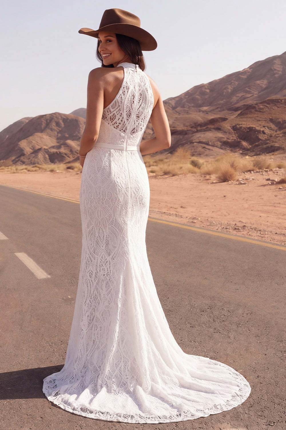 Mermaid High Neck Ivory Lace Sweep Train Boho Engagement Dresses with Slit, image 2