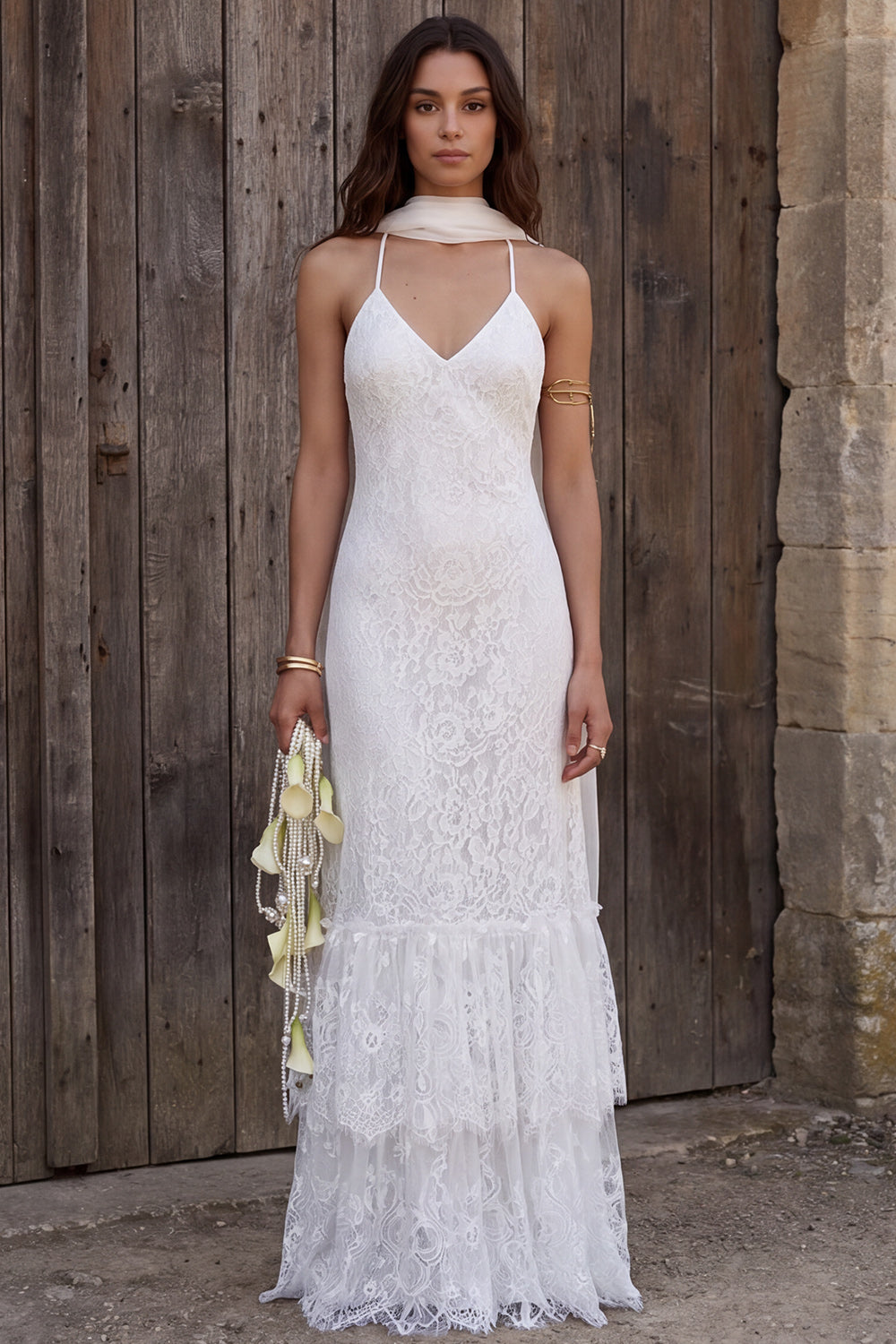 Ivory Lace Halter Neck Neck Scarf Sweep Train Mermaid Boho Wedding Dresses, image 1
