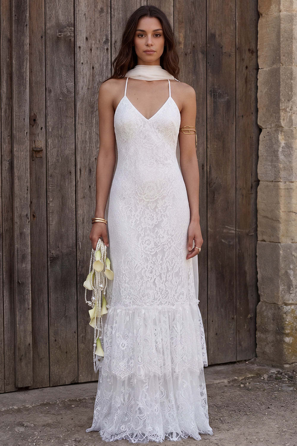Ivory Lace Halter Neck Neck Scarf Sweep Train Mermaid Boho Wedding Dresses in Ivory, US2