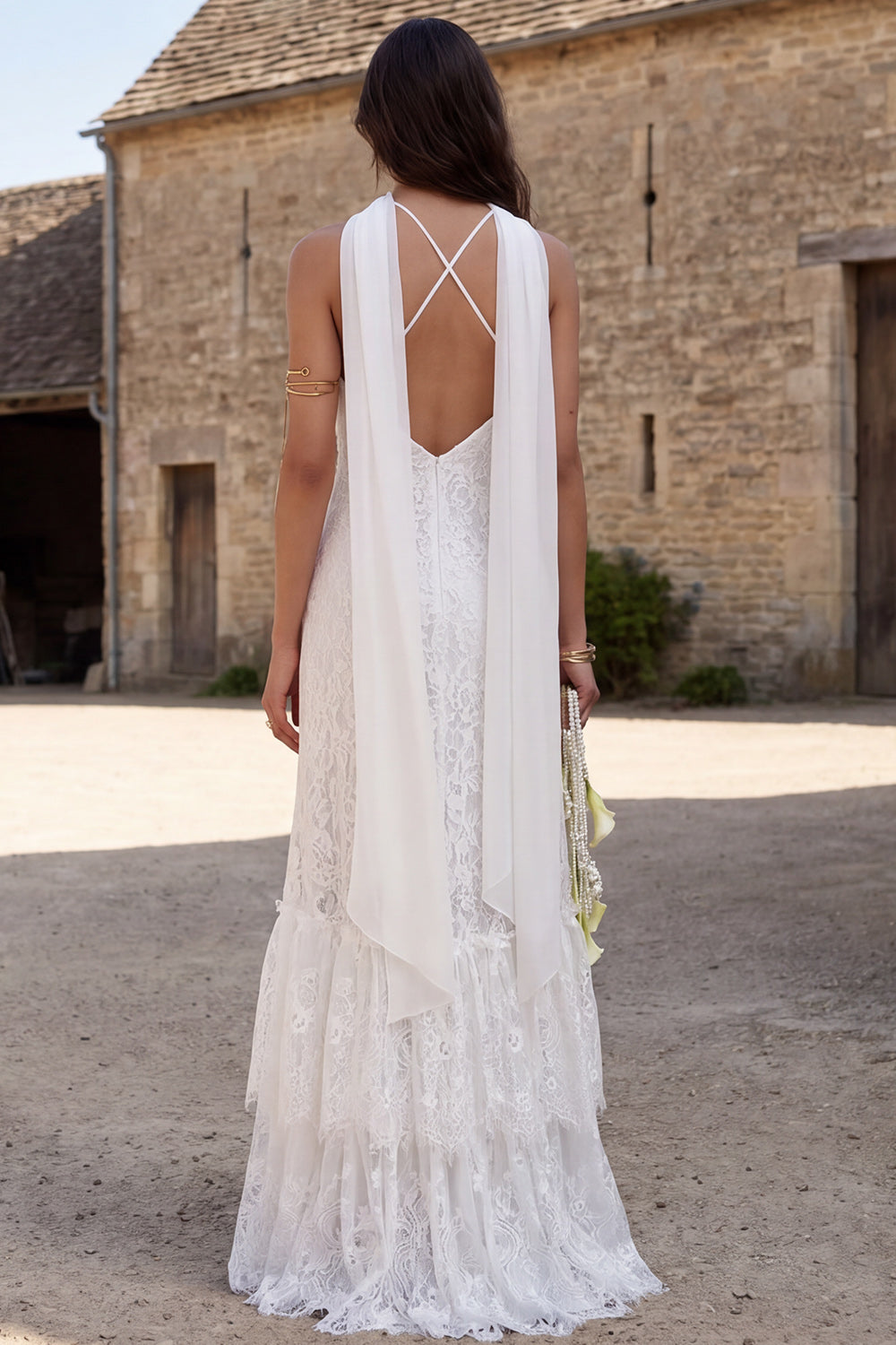 Ivory Lace Halter Neck Neck Scarf Sweep Train Mermaid Boho Wedding Dresses, image 2