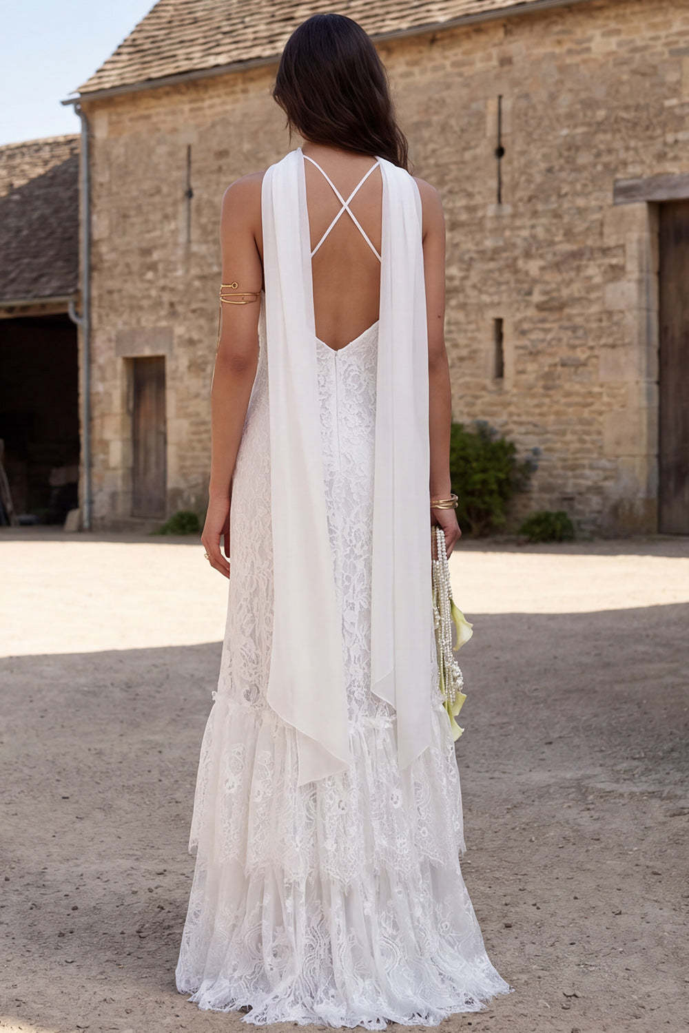 Ivory Lace Halter Neck Neck Scarf Sweep Train Mermaid Boho Wedding Dresses, image 2