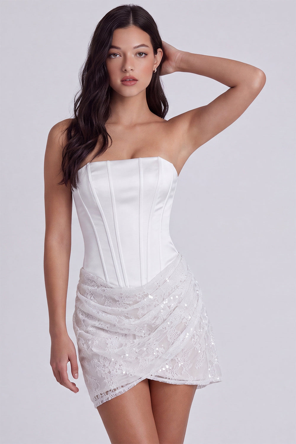 Ivory Corset Lace Tight Ruched Strapless Short Engagement Dresses, image 1