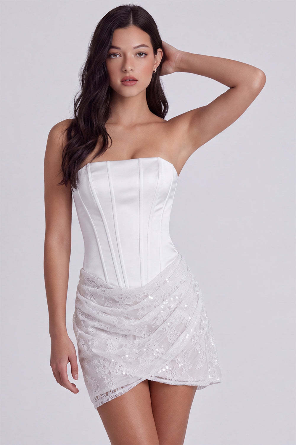 Ivory Corset Lace Tight Ruched Strapless Short Engagement Dresses in Ivory, US2