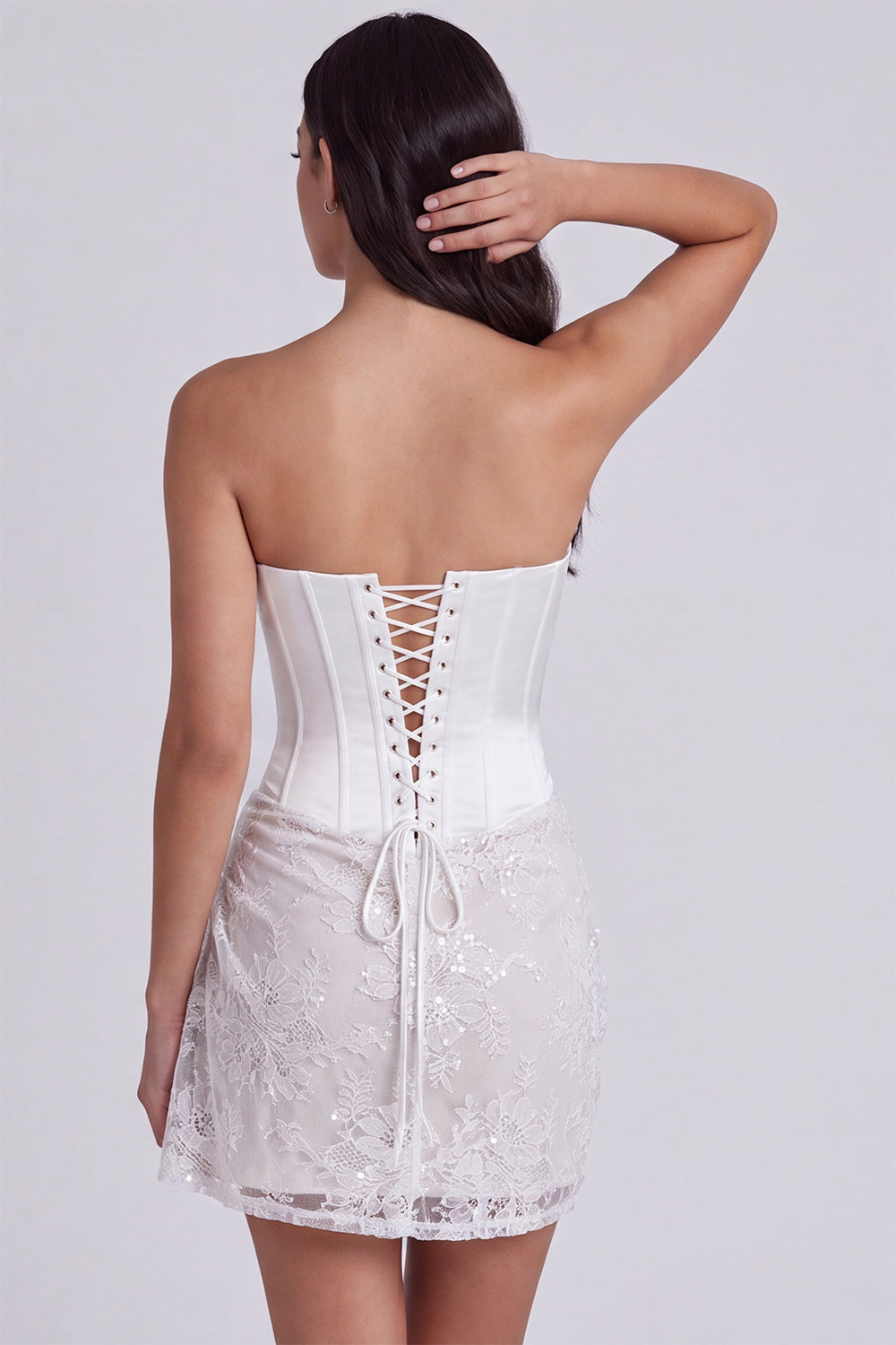 Ivory Corset Lace Tight Ruched Strapless Short Engagement Dresses, image 2