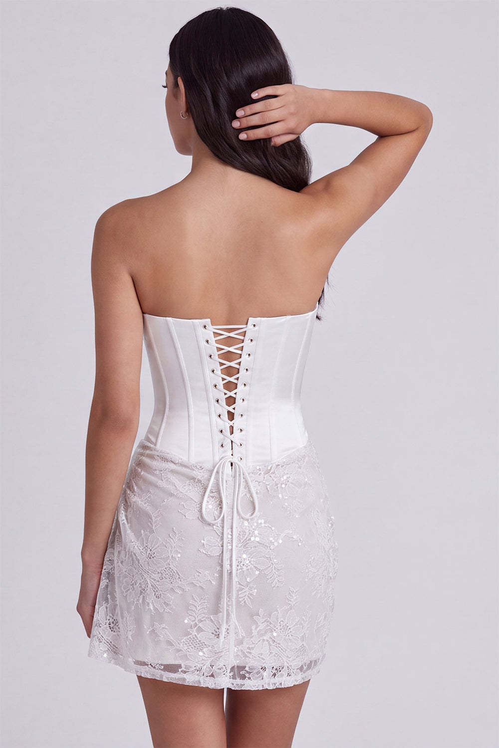 Ivory Corset Lace Tight Ruched Strapless Short Engagement Dresses, image 2
