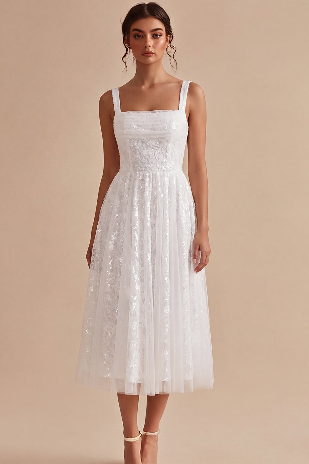 White Sparkly Sequins A-Line Square Neck Midi Boho Engagement Dresses, image 1