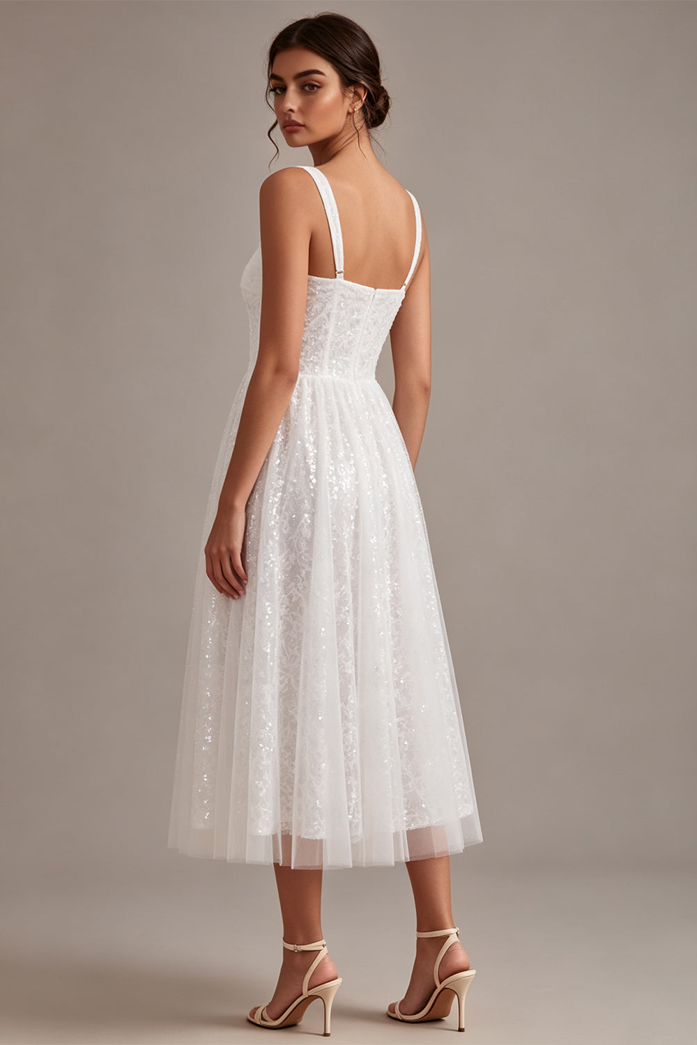 White Sparkly Sequins A-Line Square Neck Midi Boho Engagement Dresses, image 2
