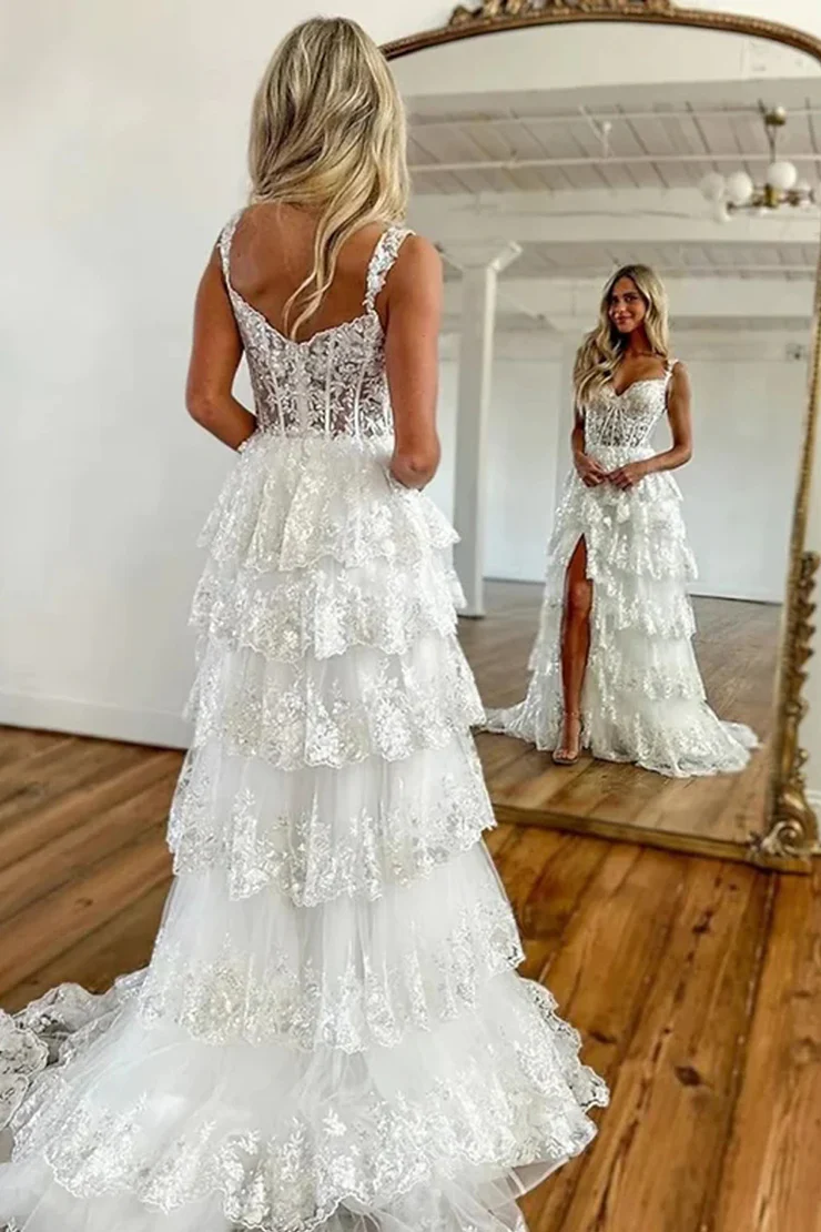 A-Line&Princess Lace Appliques Sweetheart Sweep/Brush Train Long Prom Dress Little White Dress
