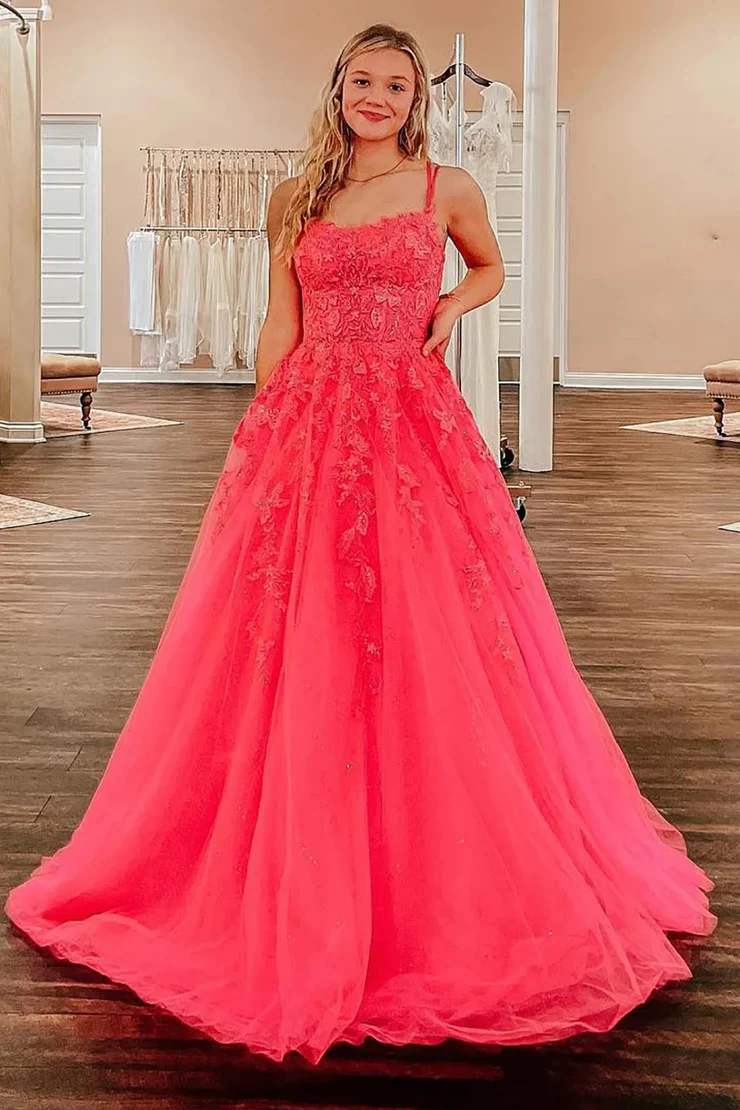 A-Line&Princess Scoop Spaghetti Straps Neck Lace Appliques Prom Dress