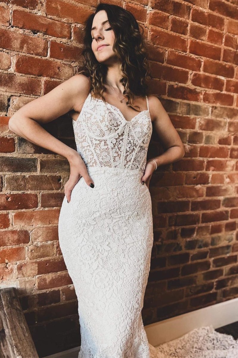 White Lace Sweetheart Sleeveless Mermaid Long Wedding Dresses