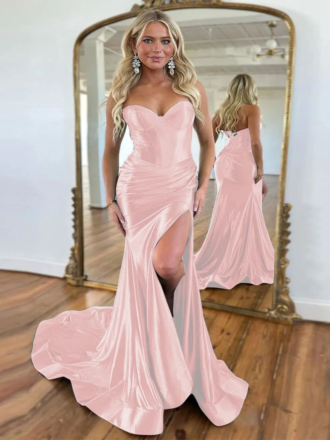 Mermaid Satin Sweetheart Zipper Back Long Prom Dress With Split